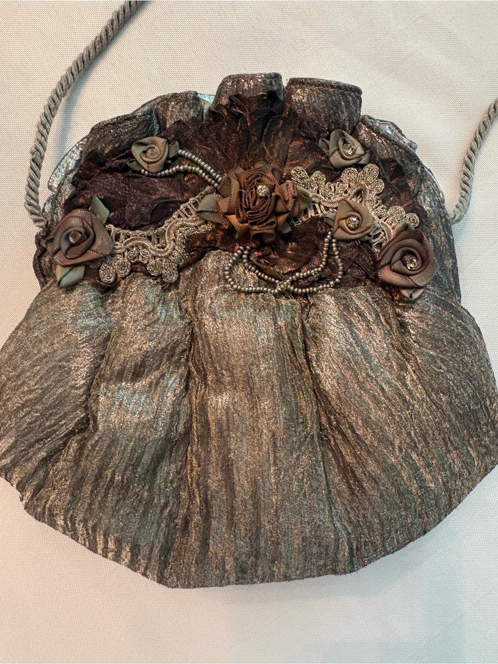 Timmy Woods Metallic Bronze Floral Appliqué Evening Clutch